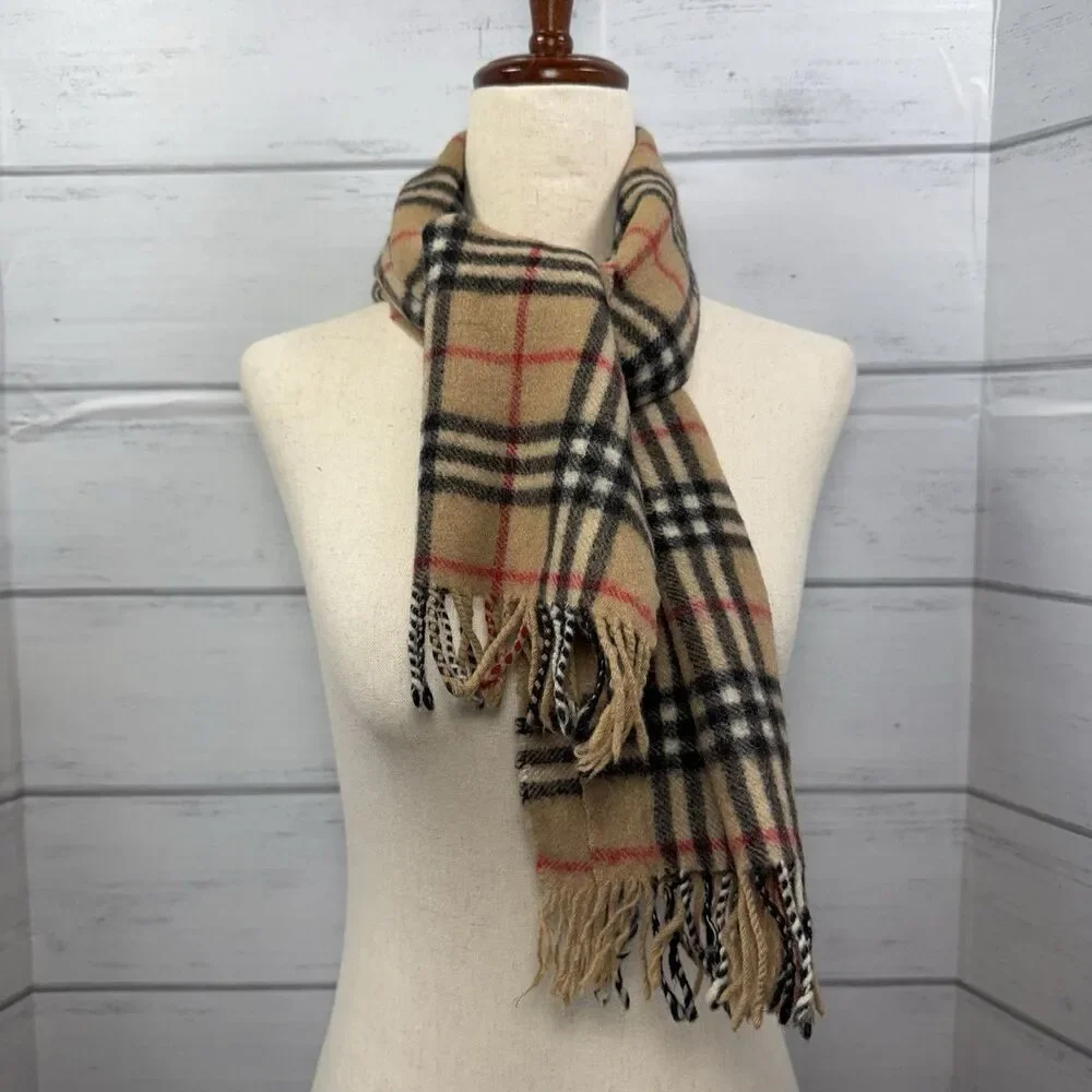 Burberry Classic Nova Plaid Scarf Unisex Fringe Cashmere Wool Beige England 44''